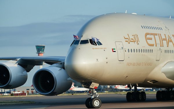 The superjumbo returns: Etihad Airways A380 inaugural flight from Abu Dhabi to London Heathrow